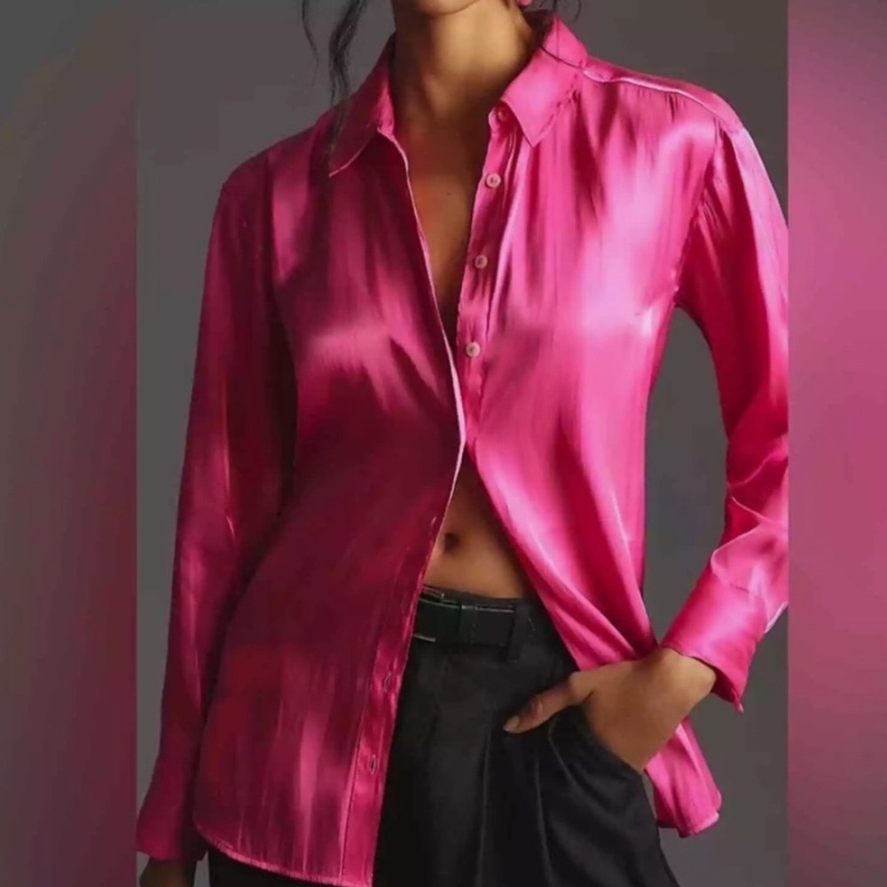 Anthropologie Silky Iridescent Button Down Blouse Hot Pink Size L